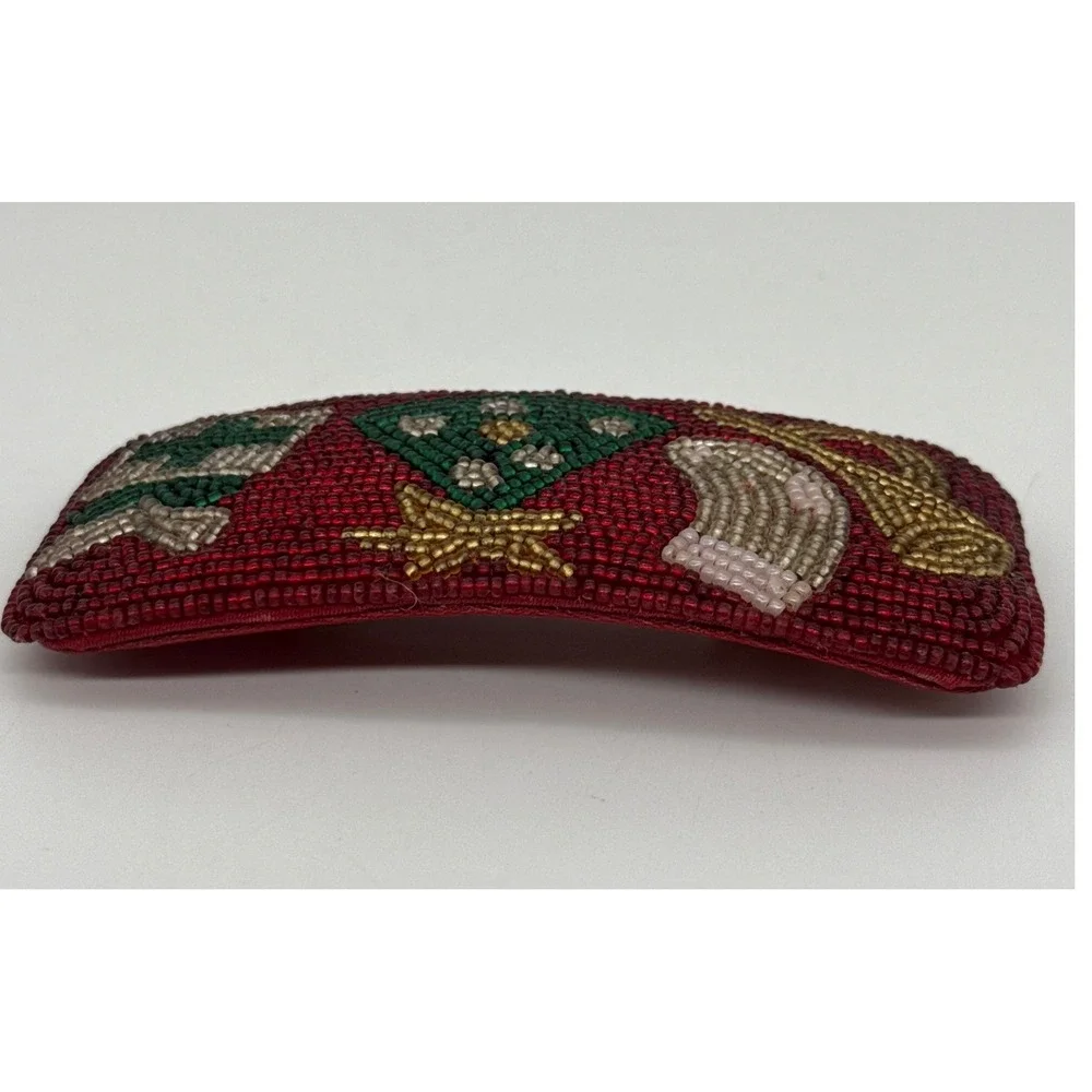 Vintage 90s Red Beaded Christmas Barrette Festive Tree Stocking French Hair Clip